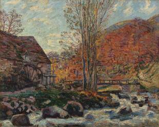 秋日溪边小屋风景图