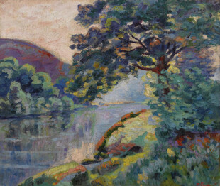 河畔树林风景油画