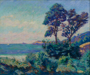 海边松林风景油画