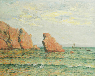 海边礁石风景油画