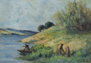 河畔泛舟风景油画