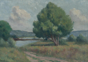乡村河畔绿树风景油画