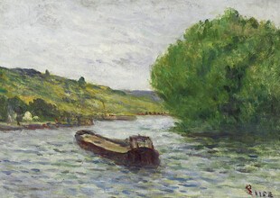 河畔小船风景油画