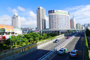 城市道路旁的高楼景观