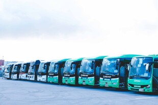 一排绿色新能源公交车
