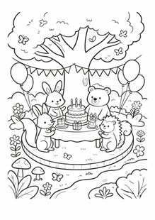 幼儿童森林派对涂色简笔画线稿