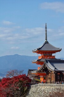 日本红叶中的古朴宝塔