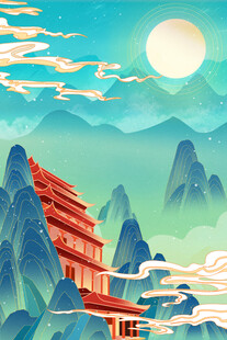 山间古楼映月美景