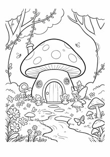 蘑菇小屋的奇幻森林场景上色线稿