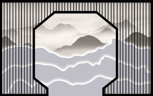中式窗景下的山水云雾图