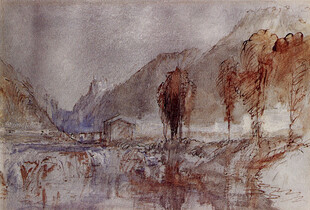 山间河畔风景水彩画