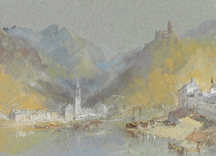 河畔山村风景油画