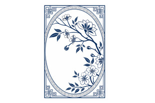 中式蓝白花卉边框图案