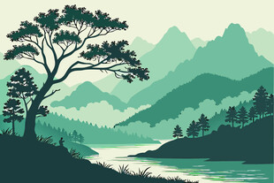 山间湖畔松景图