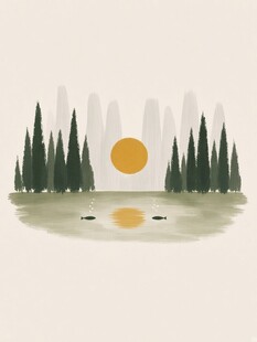 湖畔日出松林美景