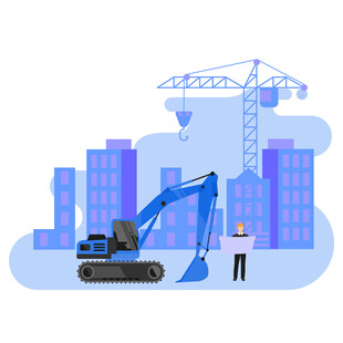 城市建设中的挖掘机与工人