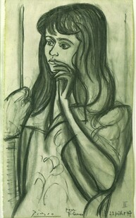 托腮女子素描肖像