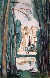 林间湖畔建筑风景油画