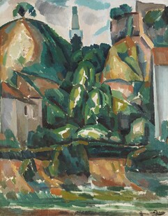 河畔乡村风景油画