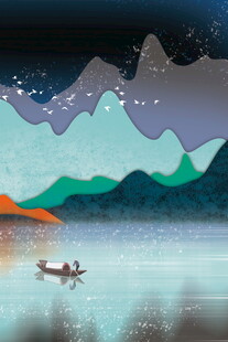星夜山水泛舟插画