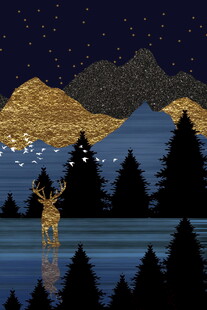 星夜麋鹿鎏金山水插画