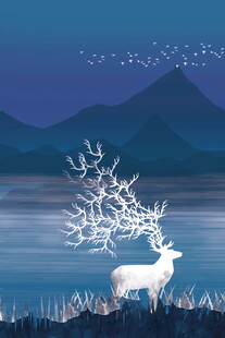 梦幻灵鹿山水插画