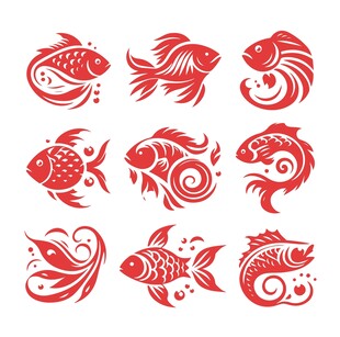 红色剪纸鱼群