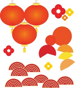 新春喜庆中国风祥云灯笼扇子元素