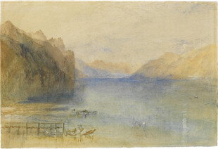 朦胧湖山风景水彩画