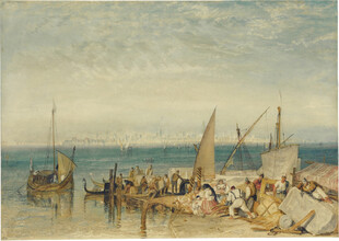 海边渔船风景油画