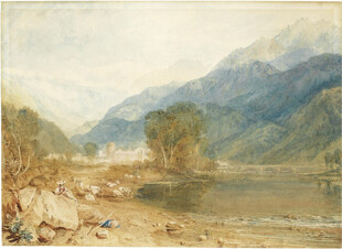 复古山水河畔水彩风景画