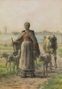 牧羊女郊野放牧油画