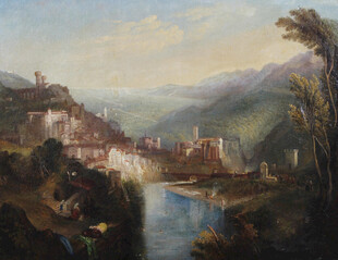 河畔山城风景油画