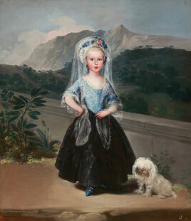 古典女孩与小狗肖像油画