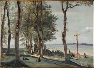 湖畔林间风景油画