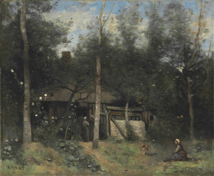 林间小屋风景油画