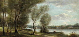 湖畔树林风景油画