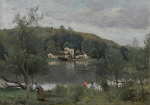 河畔乡村风景油画