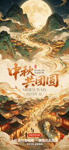 中秋共团圆国潮海报