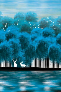 湖畔森林白鹿梦幻插画