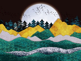 月夜山景国风插画