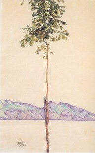 孤树远山水彩风景