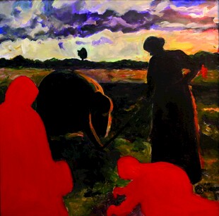 黄昏田野农耕劳作油画