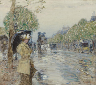 雨中街景撑伞女子油画