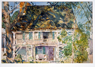 树影下的复古小屋水彩画