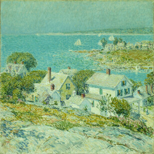 海边村居风景油画