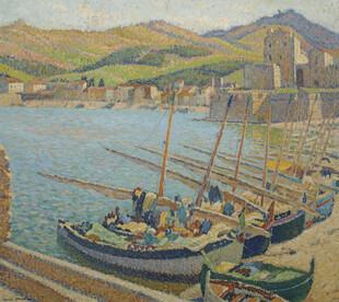 滨海渔港风景油画