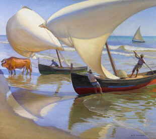 滨海帆船风情油画
