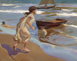 海边少女风景油画