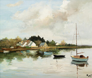 湖畔渔村泊船风景油画